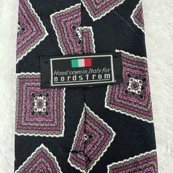 Nordstrom Necktie Square Paisley Mandala Print Black Purple 100% Silk Italian - Picture 4 of 7